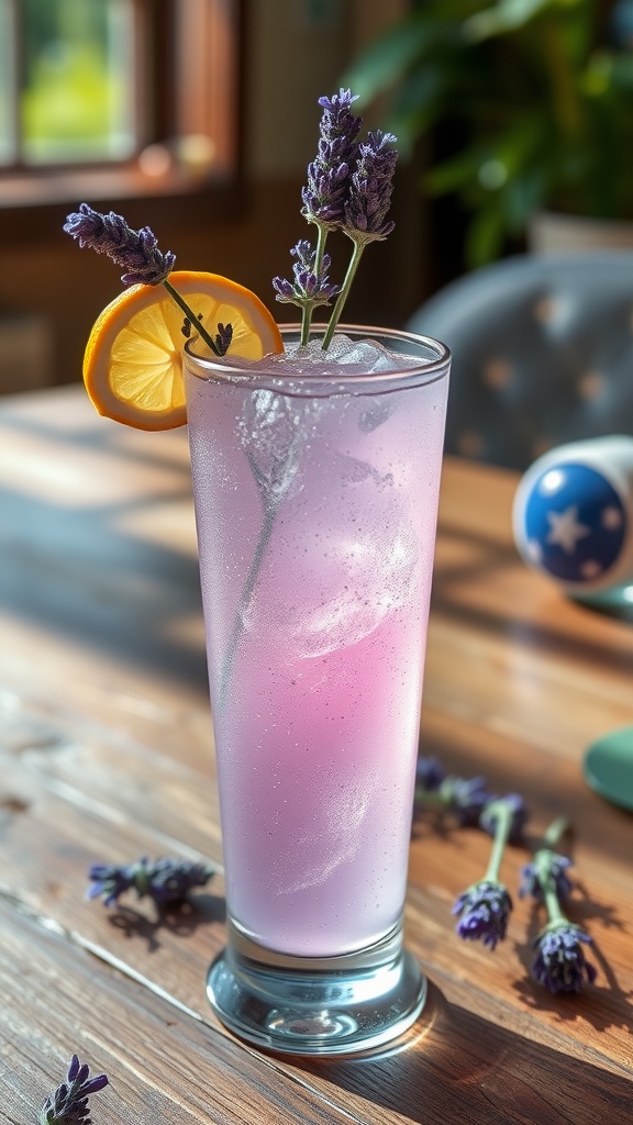 A Lavender Tequila Collins cocktail in a tall glass with lavender garnish and lemon slice on a rustic table.